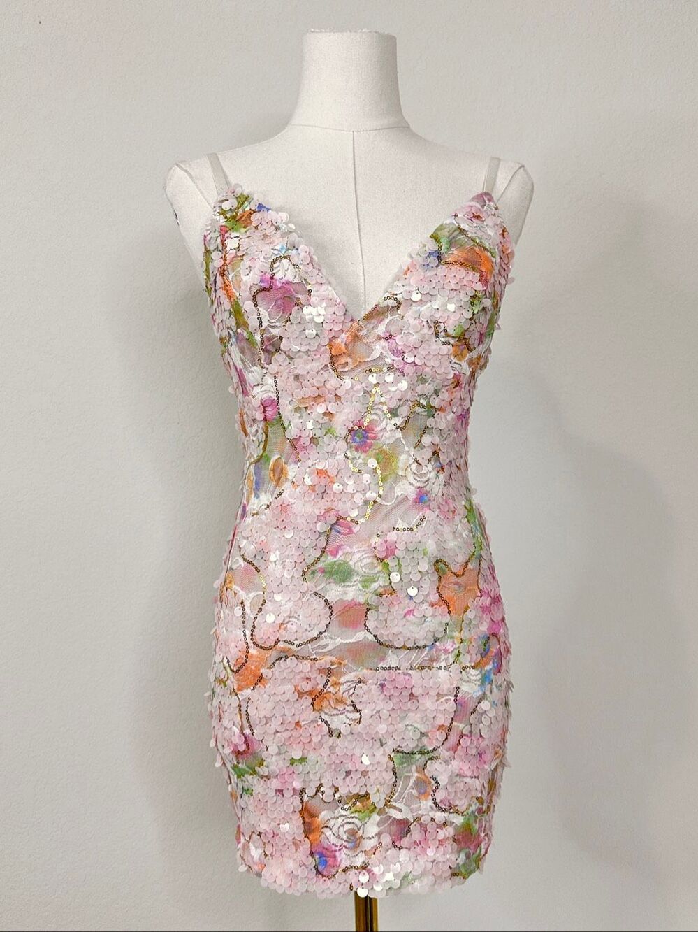 Bella Barnett Floral Sequin Bodycon Mini Dress XS Blush Cocktail Party Date HoCo - Picture 9 of 16